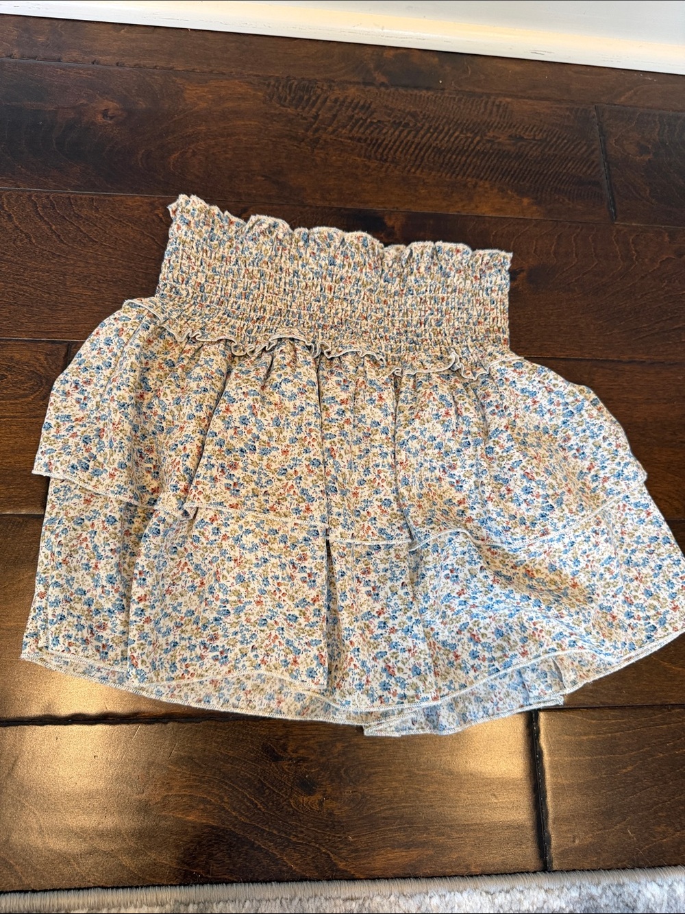 Katie J NYC Smocked Floral Tiered Mini Skirt in Blue & Cream